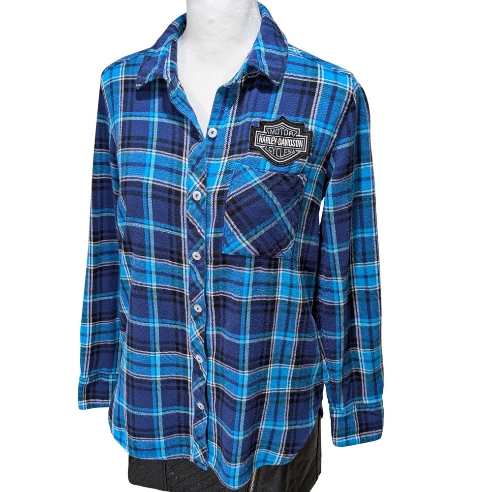 Woolrich Plaid Flannel Shirt Harley Davidson Patch Blue Black‎ White S - Picture 4 of 15
